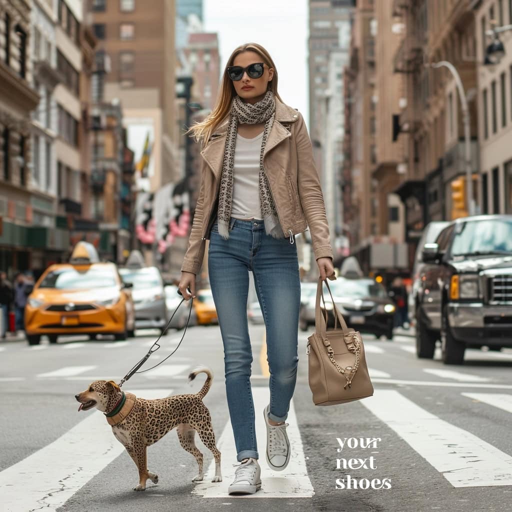 Channeling Jessica Hart's effortless style, this outfit features a beige moto jacket, leopard print scarf, blue skinny jeans, white high-top sneakers, and a chic tan handbag, perfect for a stylish city stroll