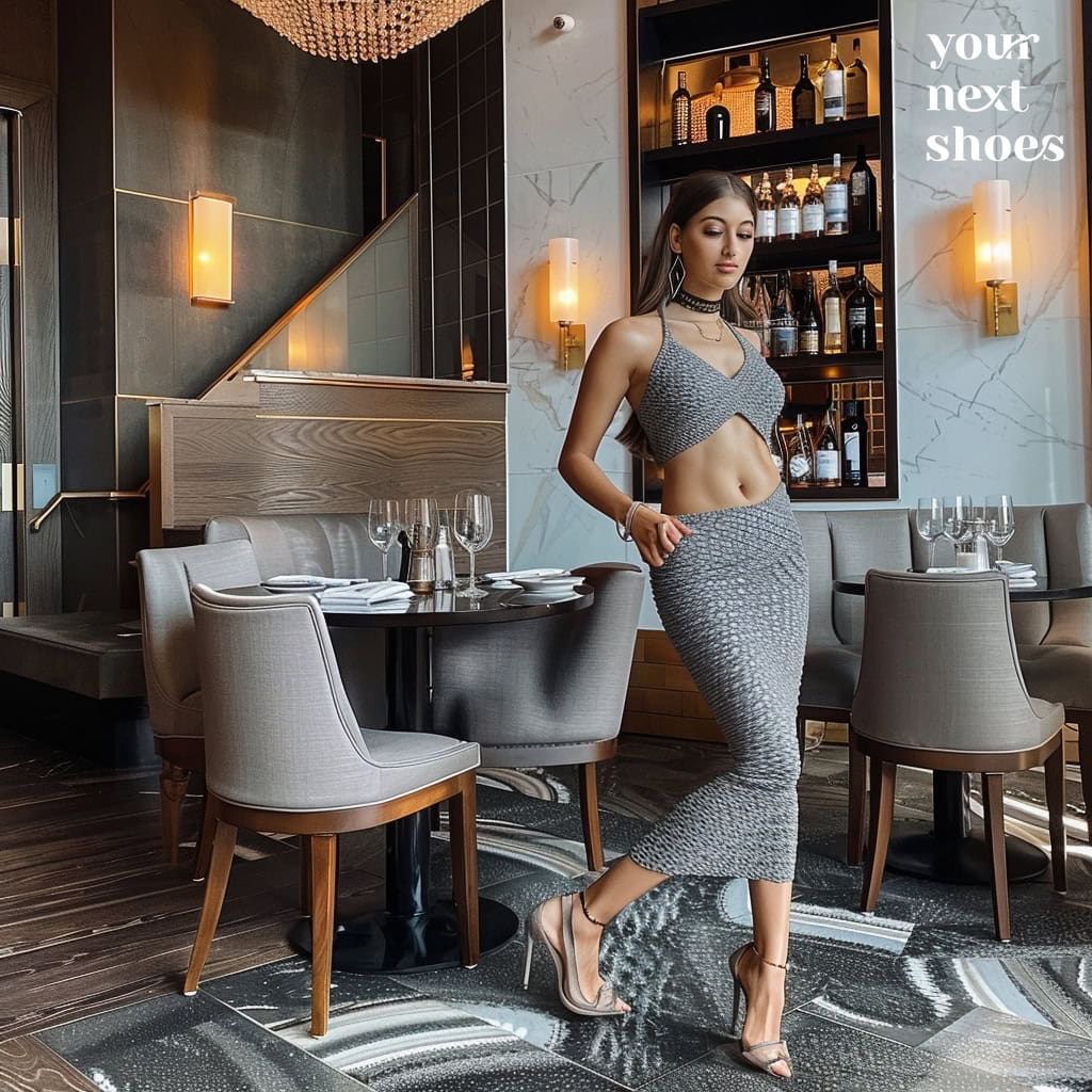 Channeling Julianne Hough's chic style, this elegant gray ensemble features a crop top and pencil skirt paired with ankle-strap stilettos, perfect for a sophisticated dinner date