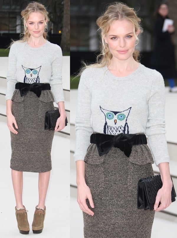 Owl Print Sweater and Tweed Skirt Worn by Kate Bosworth