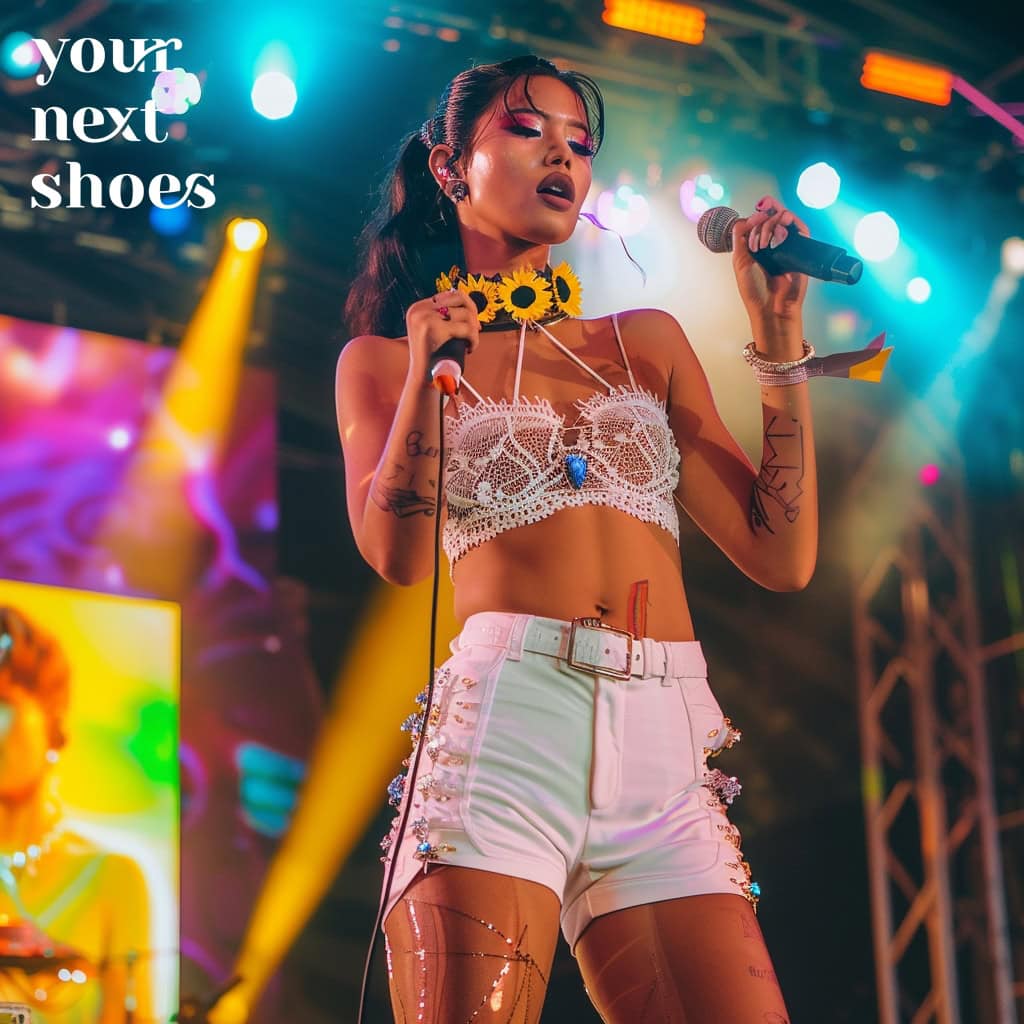 A pop star stuns on stage in a Miley Cyrus-inspired white laced-up corset top and shorts ensemble, completed with a sunflower choker and vibrant accessories