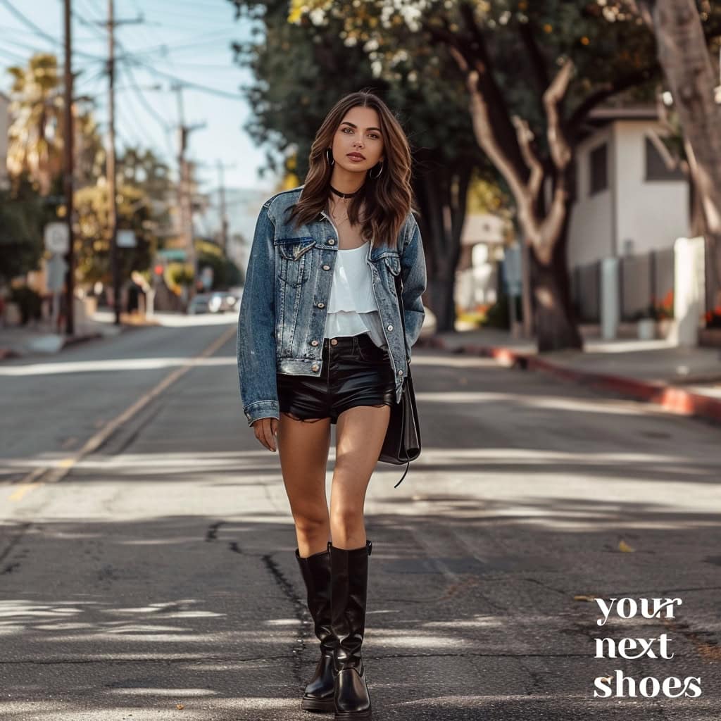 A young woman is walking down an urban street wearing a blue denim jacket over a white top, black leather shorts, and black ankle boots and carrying a chic black bag, embodying a trendy and laid-back style