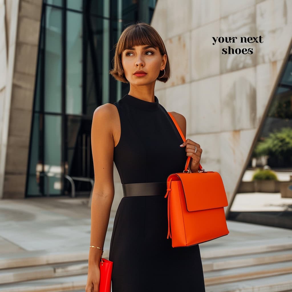 A stylish woman stands confidently outside a modern building, dressed in a chic little black dress with a sleek, modern cut