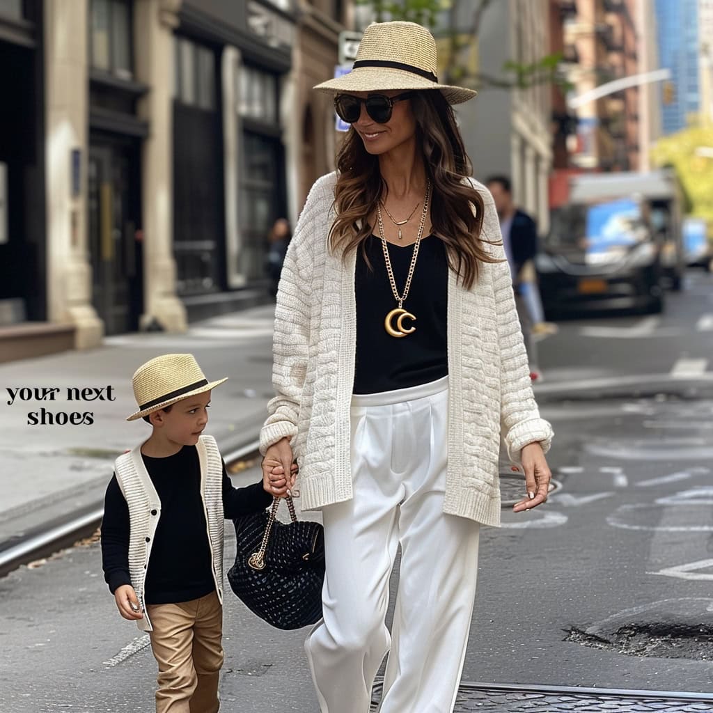 Effortlessly chic: This stylish woman channels Rachel Zoe's look with a white cardigan over a black top, flared pants, a golden necklace, high-heeled shoes, and a large quilted black Chanel bag