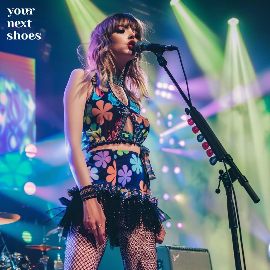 A pop singer captivates the audience in a vibrant, clover print shift dress paired with fishnet tights, exuding bold and edgy style