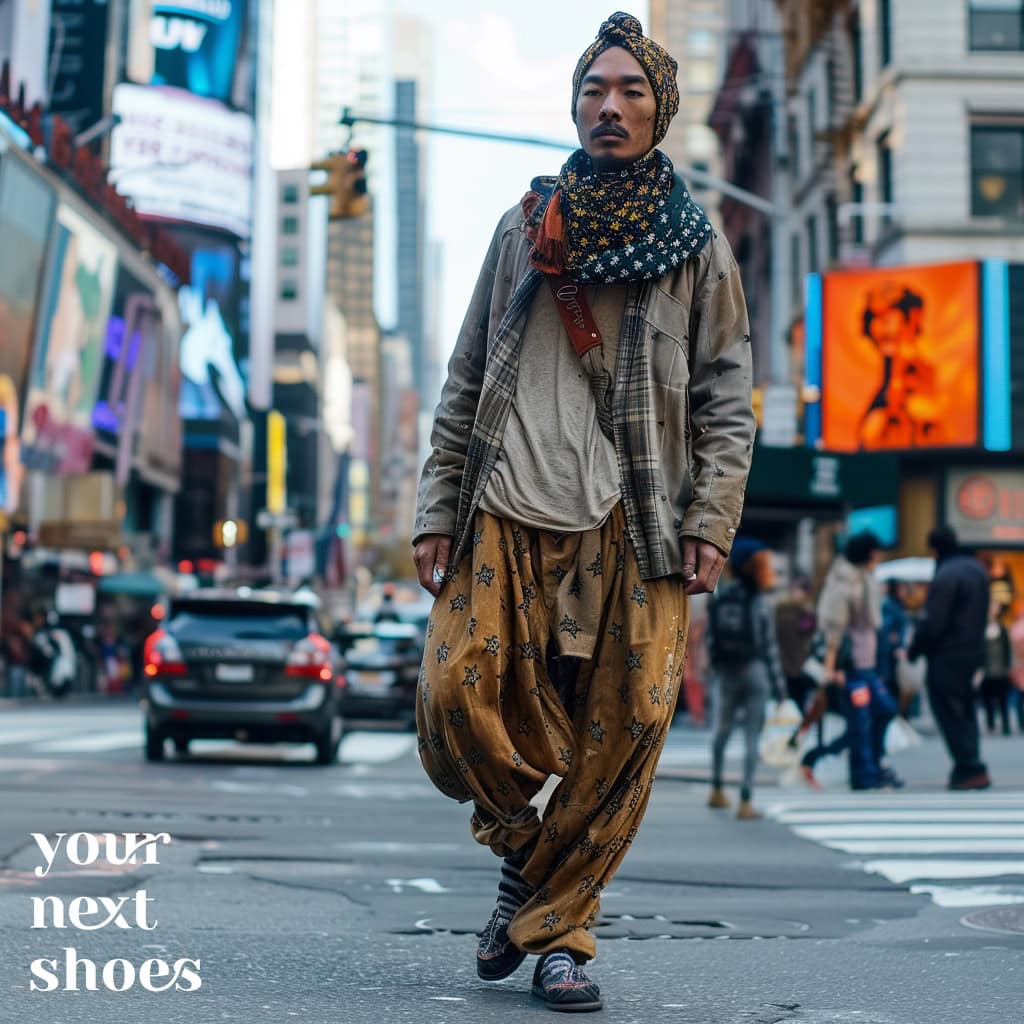 A man walking on a busy Manhattan street in harem pants, a layered jacket, and a star-printed snood, channeling bold street fashion inspired by Russell Brand