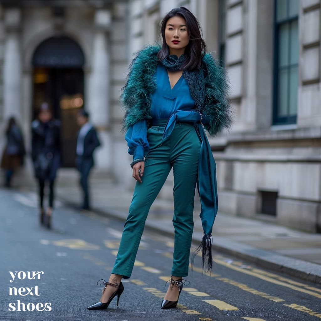 A stylish woman wearing a teal green furry scarf, blue blouse, skinny pants, and pointy black lace-up shoes, inspired by Sienna Miller's chic and effortless look