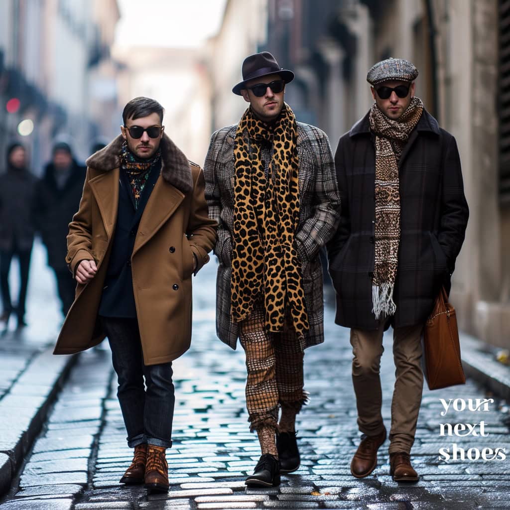 Three stylish men walk down a city street, confidently sporting bold scarves, including a standout leopard print, showcasing their unique fashion sense