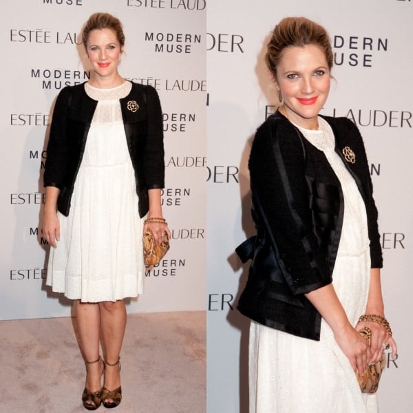 Drew Barrymore looking chic and sweet in a Marc Jacobs Broderie Anglaise dress and Marc Jacobs peep-toe sandals at the Estee Lauder "Modern Muse" Fragrance Launch Party