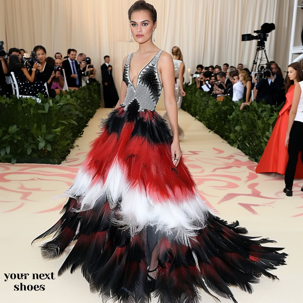 Model on the red carpet wearing a luxurious tri-color gown inspired by Cate Blanchett’s Prabal Gurung Resort 2014 collection