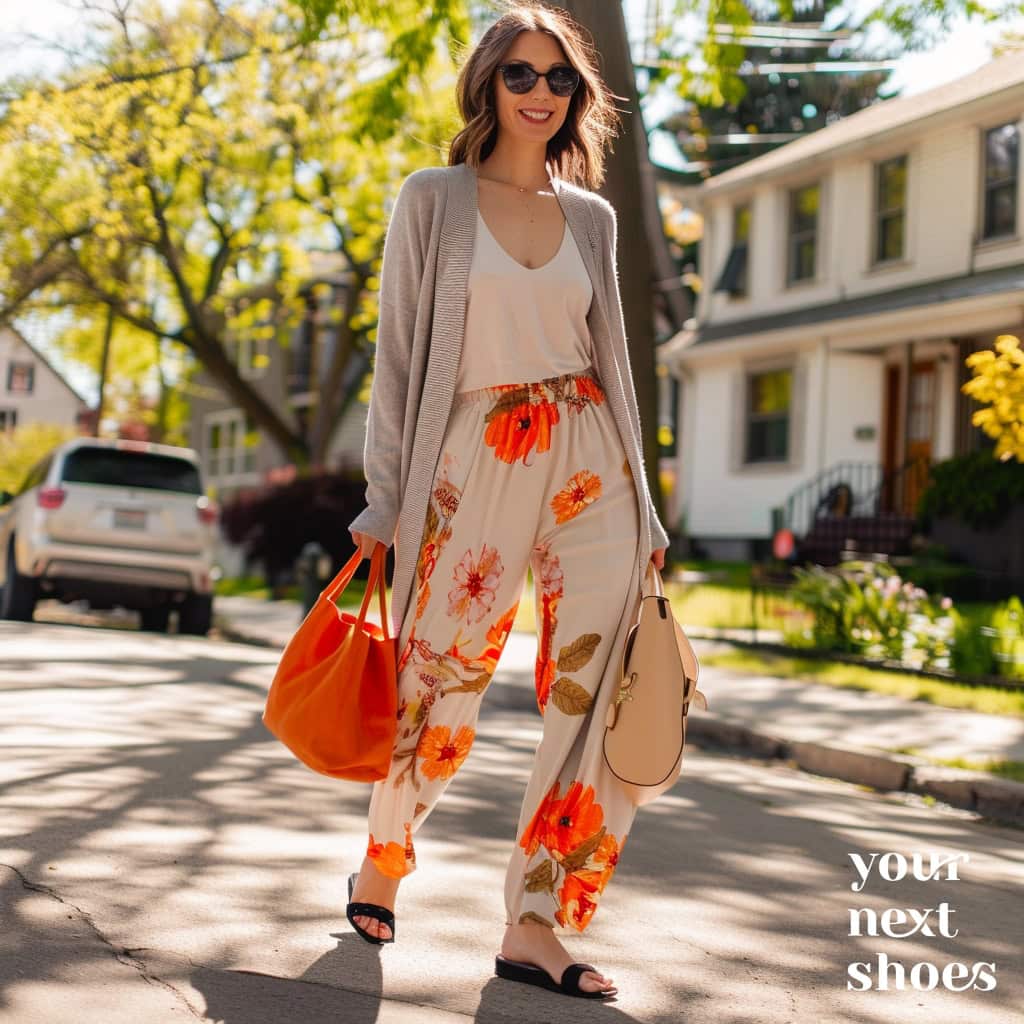 A stylish woman walks confidently in floral watercolor pants, a white tank top, a light gray cardigan, black flats, and accessorized with a bright orange tote bag and a beige clutch