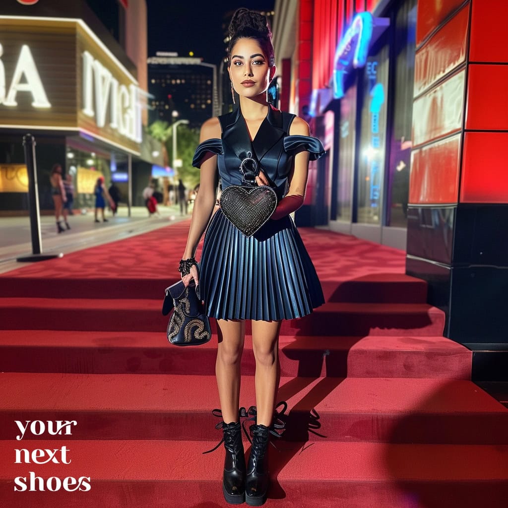 An elegant woman exudes chic style in a metallic dress, black platform booties, and a heart-shaped handbag at a red carpet event