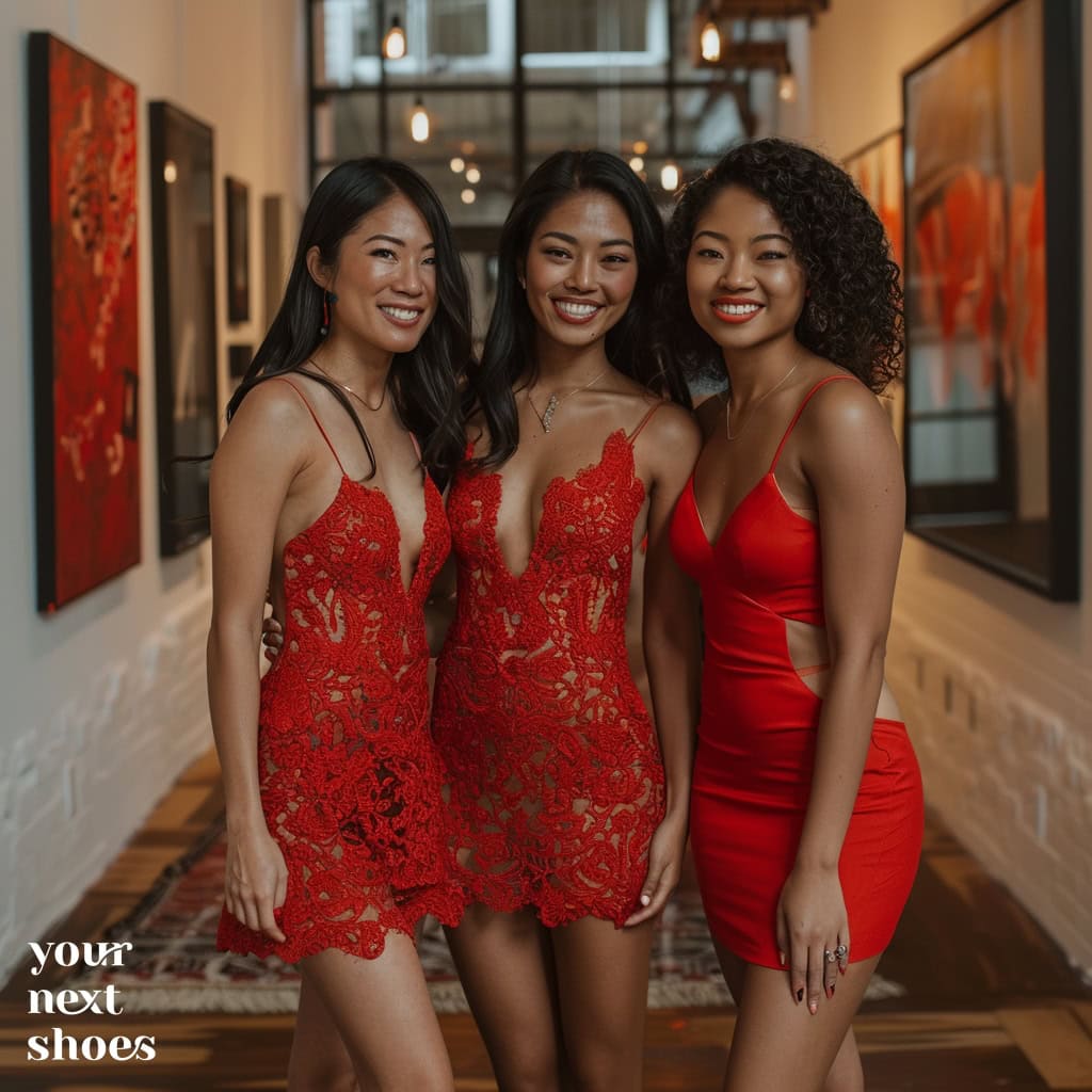 Three women captivate in striking red dresses at an art gallery, showcasing elegance and vibrant style