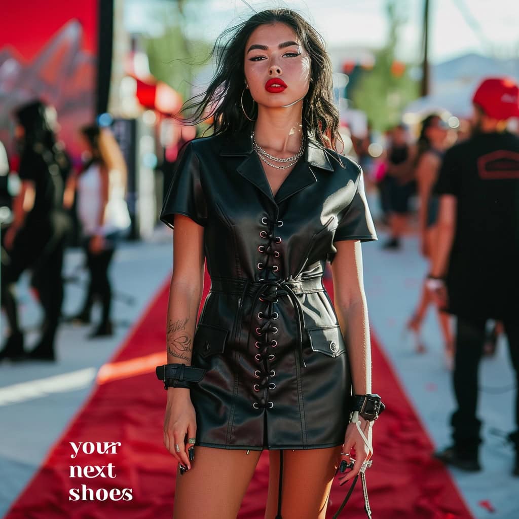 Channeling Kylie Jenner's bold style, this outfit features a sleek leather dress with lace-up detailing, paired with striking red lipstick and statement jewelry