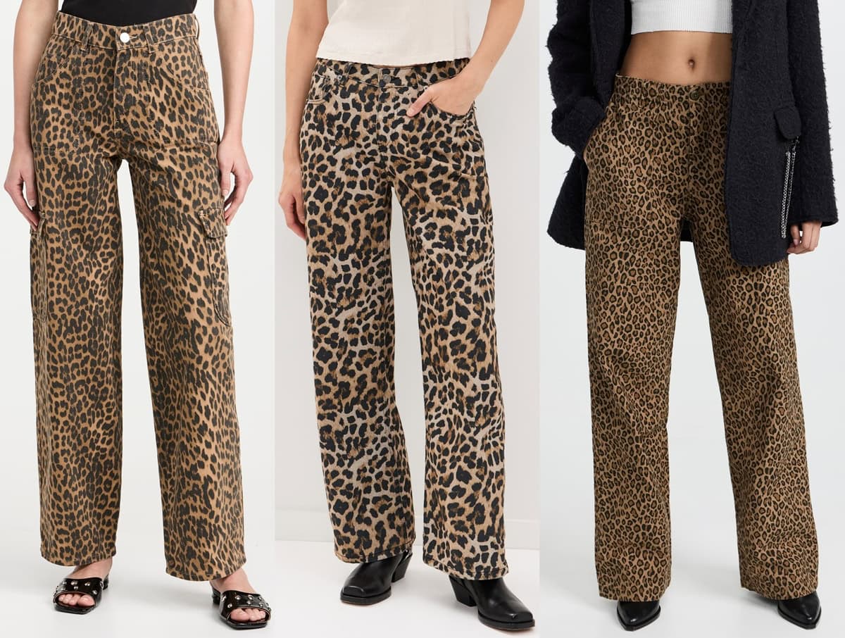 Three stylish ways to wear leopard-print pants: paired with black tops, neutral tones, or layered with textured coats for a trendy yet effortless look