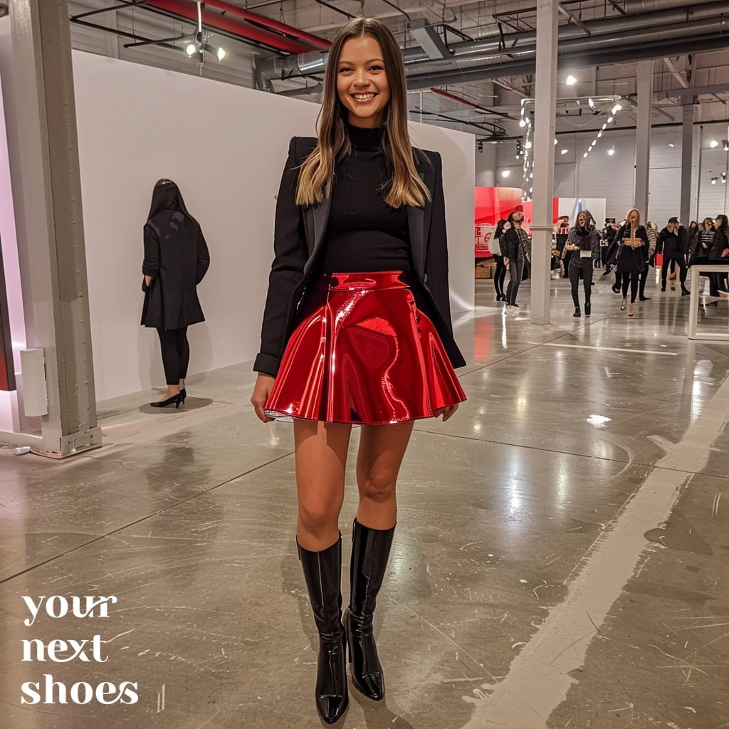 A stylish woman in a glossy red skater skirt, black top, cropped black blazer, and black ankle-high boots