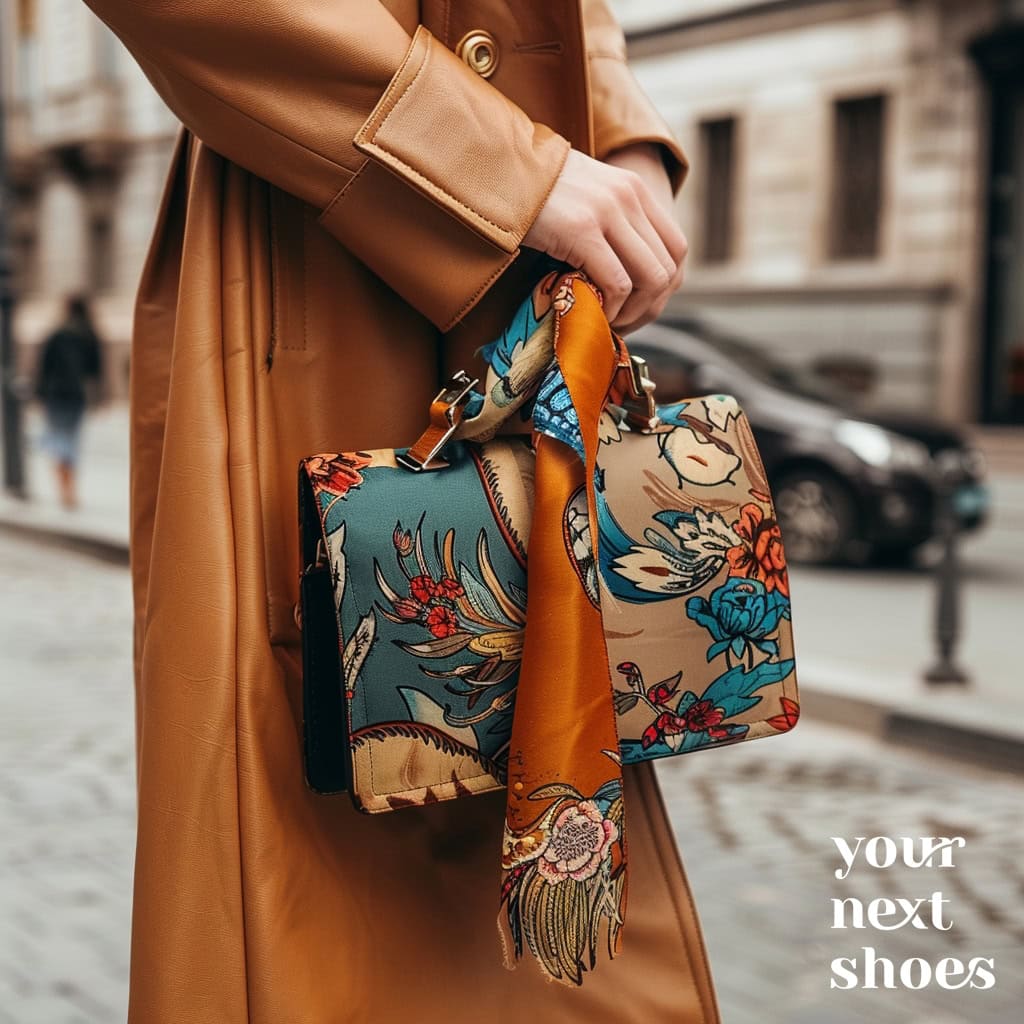 A stylish floral handbag with a vibrant scarf adds a pop of color to a neutral trench coat