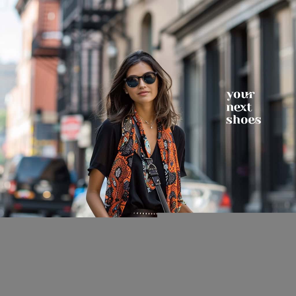 A stylish woman in New York City wearing a printed scarf, sunglasses, a black studded crossbody bag, and casual yet chic attire