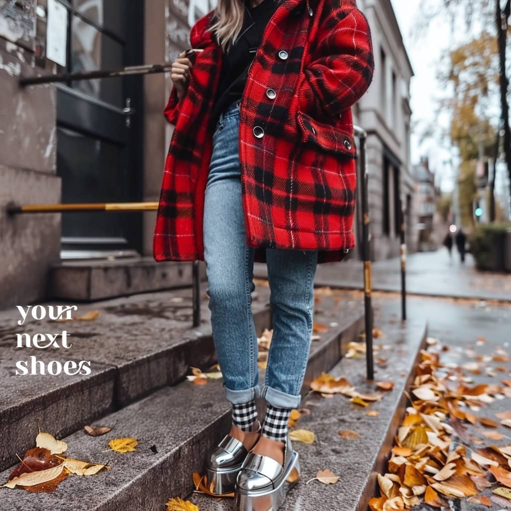 A stylish autumn outfit featuring a cozy red and black tartan coat paired with checkered socks, boyfriend jeans, and silver metallic platform sandals on a city street scattered with fallen leaves