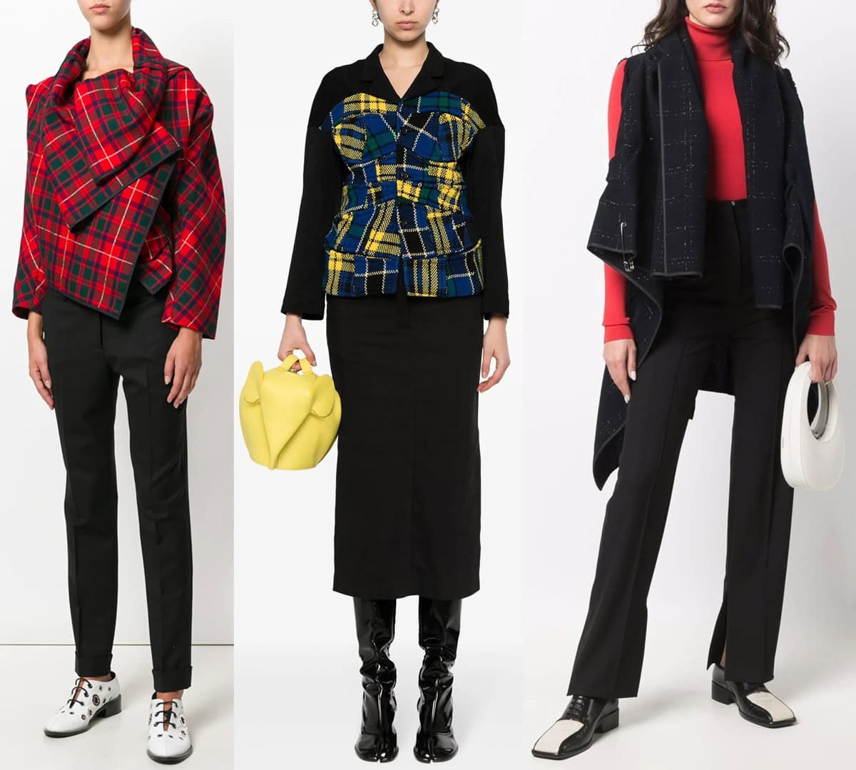 A striking mix of tartan textures and bold silhouettes, reinterpreted through Comme des Garçons' avant-garde vision