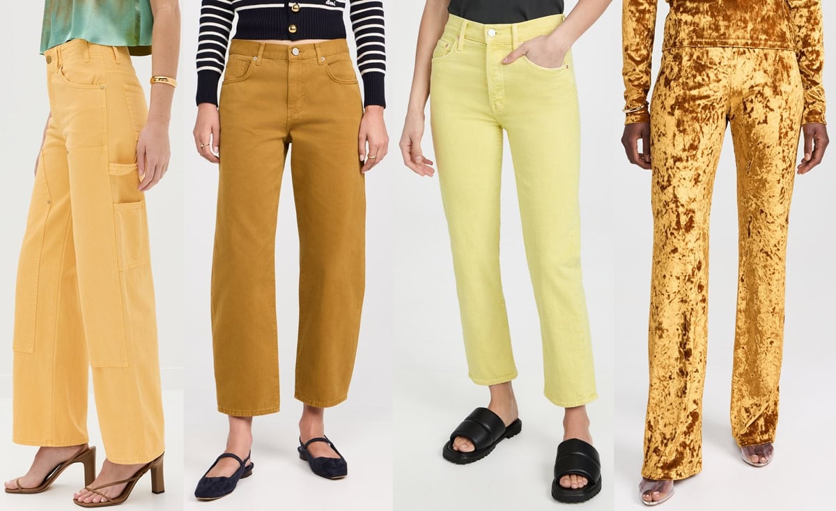 Four styles of yellow pants paired with various shoes, including heeled sandals, loafers, chunky slides, and metallic heels, showcasing versatile fashion options