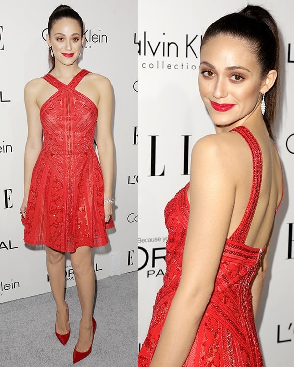 Emmy Rossum donned a red Elie Saab embroidered dress at Elle's 20th Annual Women in Hollywood Celebration