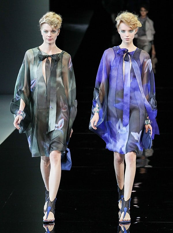 Model in a watercolor print dress by Giorgio Armani at Milan Fashion Week Womenswear Spring/Summer 2014