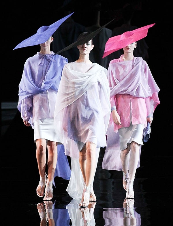 Model in a pastel chiffon dress by Giorgio Armani at Milan Fashion Week Womenswear Spring/Summer 2014