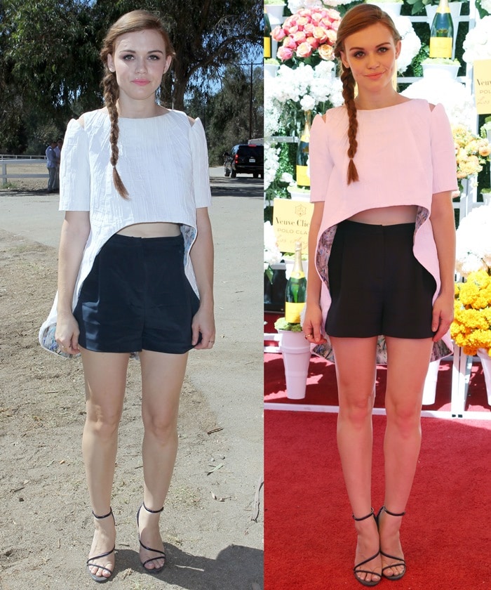 Holland Roden effortlessly pairs a white Christian Cota mullet top with navy shorts and strappy sandals, creating a stylish and polished look at the Veuve Clicquot Polo Classic