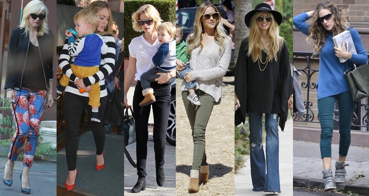 Celebrity moms Gwen Stefani, Hilary Duff, January Jones, Kristin Cavallari, Rachel Zoe, and Sarah Jessica Parker showcase stylish and practical outfits perfect for mom duty