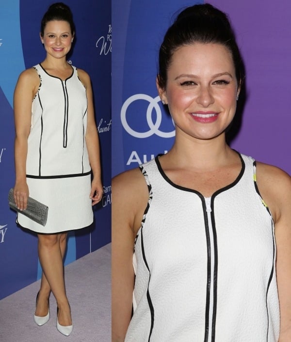 Katie Lowes looked chic in her white sleeveless Sportmax dress and L.K. Bennett pumps