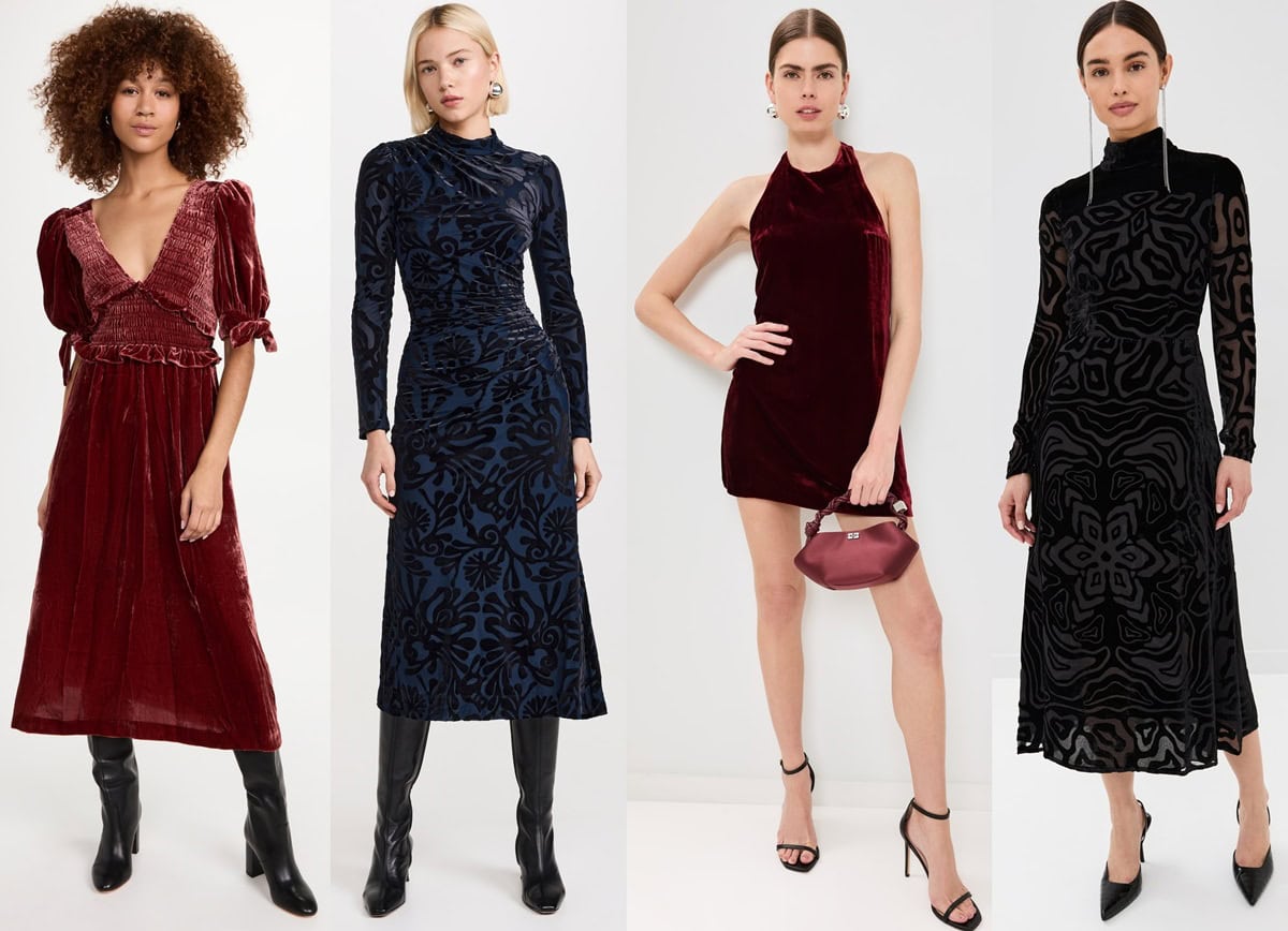 Four models showcasing various velvet dress styles paired with shoes