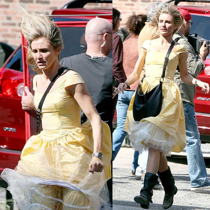 Cameron Diaz is caught by the wind while filming on the set of 'Knight and Day'