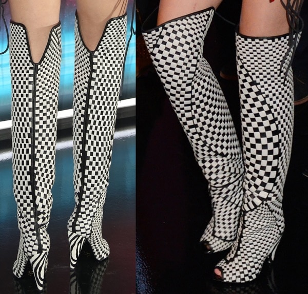 Close-up of Miley Cyrus's monochrome chequered thigh-high boots by Tom Ford, worn at the MTV Europe Music Awards