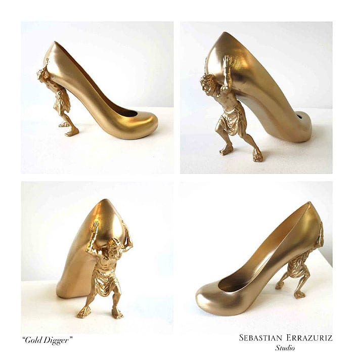 Sebastian Errazuriz’s ‘Gold Digger’ heels feature a gilded figure heel, symbolizing the theme of wealth and materialism inspired by a past relationship