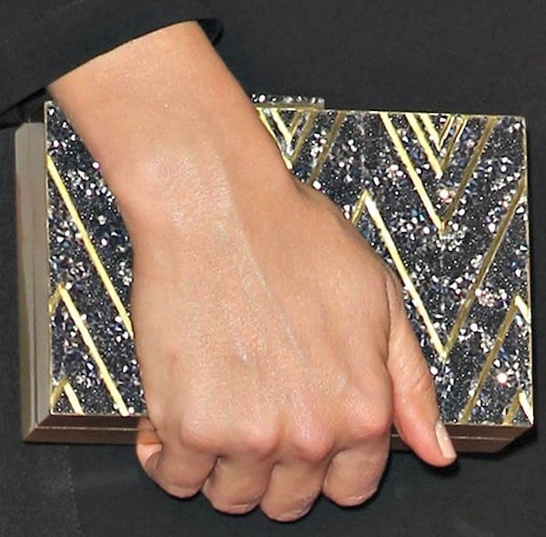 Stana Katic carries a clutch on the red carpet of a movie premiere