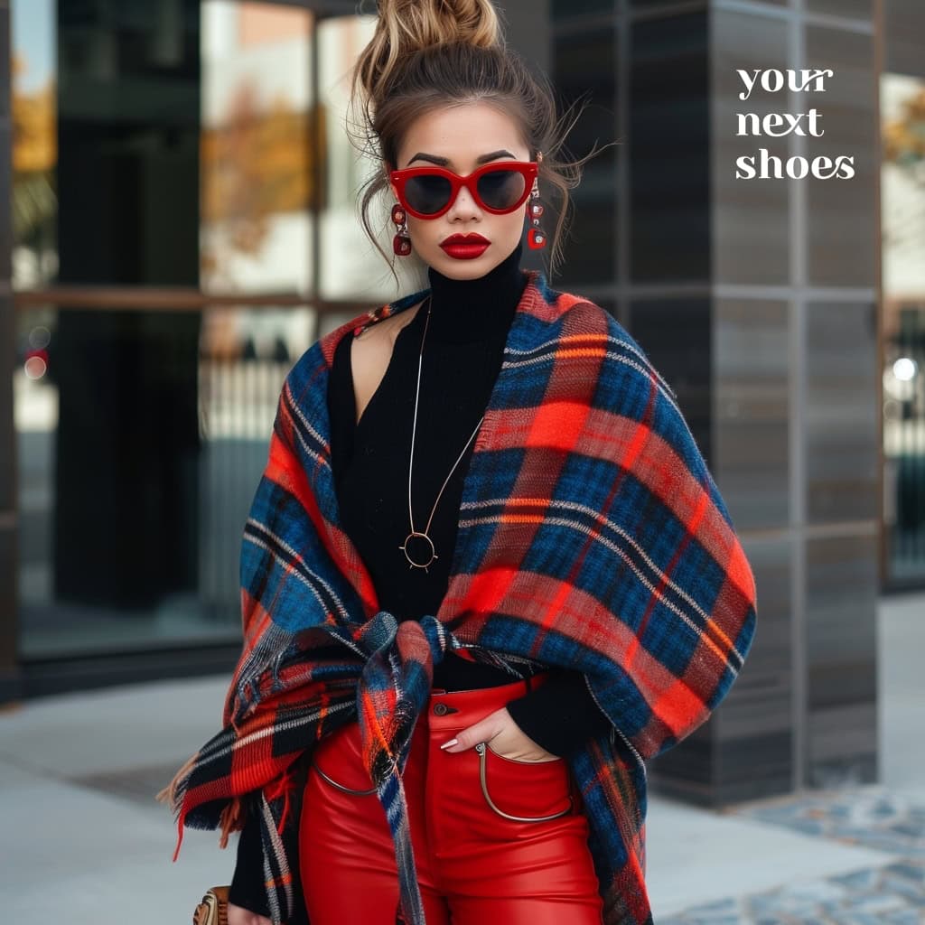 Chic and bold, this outfit features a bright red and blue plaid wrap, black sweater, red pants, and red-rimmed sunglasses, perfectly capturing a stylish and confident look