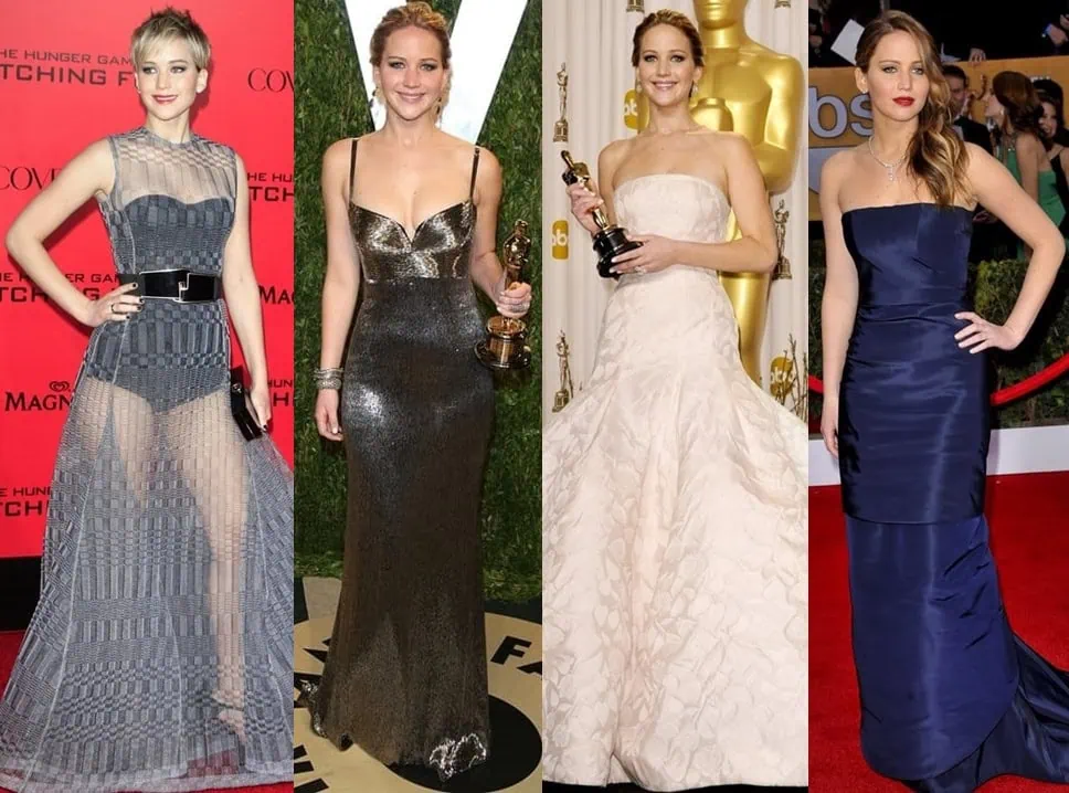 Jennifer Lawrence's best red carpet looks of 2013: a sheer Christian Dior dress at The Hunger Games: Catching Fire premiere, a dazzling Calvin Klein dress at the Vanity Fair Oscar Party, a voluminous Dior gown at the Oscars, and a sophisticated midnight blue Dior gown at the SAG Awards