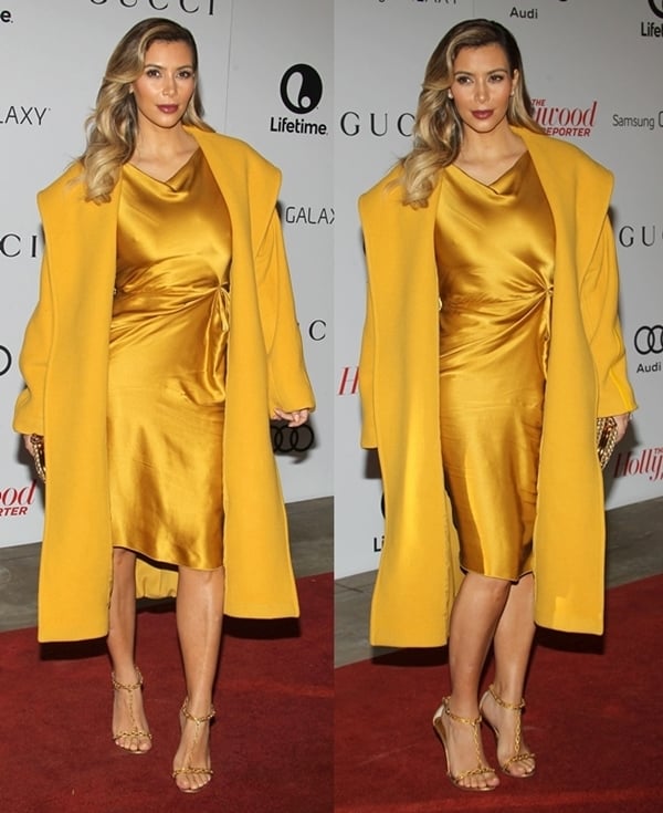 Kim Kardashian in a Max Mara Teddy yellow coat at THR's Women in Entertainment Breakfast