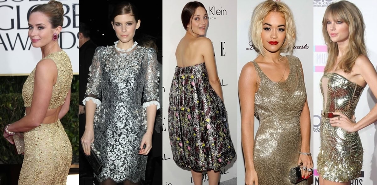 Emily Blunt, Kate Mara, Marion Cotillard, Rita Ora, and Taylor Swift shine in stunning metallic dresses at various glamorous events