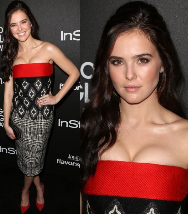 Zoey Deutch wore a strapless colorblock dress with ikat prints from Basler