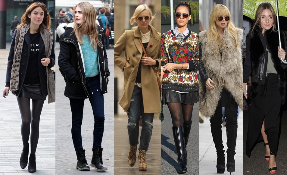 Celebrities like Alexa Chung, Cara Delevingne, Fearne Cotton, Jessica Alba, Rachel Zoe, and Olivia Palermo showcase stylish layering techniques for staying warm in winter
