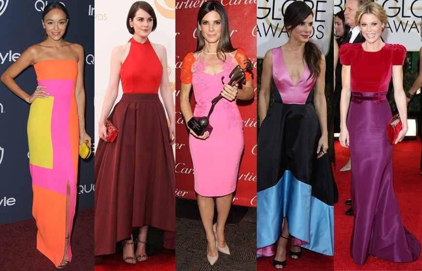 Ashley Madekwe, Michelle Dockery, and Sandra Bullock showcase the vibrant and elegant color-blocking trend on the red carpet, each bringing their unique flair to this bold fashion statement