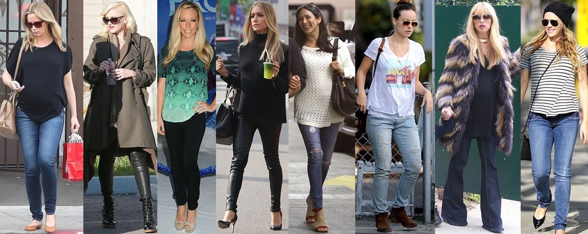 Celebrity moms effortlessly rock maternity jeans in various styles, showcasing comfort and fashion during their pregnancies