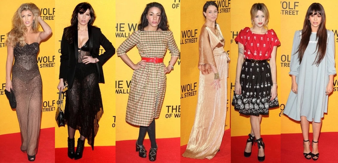 Red carpet fashion at 'The Wolf of Wall Street' UK premiere: Amy Willerton, Daisy Lowe, Kathryn Drysdale, Leah Wood, Peaches Geldof, and Zara Martin showcase a mix of daring and questionable style choices