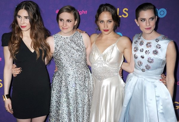 Actresses Zosia Mamet, Lena Dunham, Jemima Kirke and Allison Williams attend the "Girls" Season 3 premiere in New York City