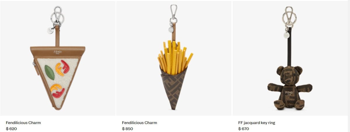 Fendi’s 2025 keychain collection continues to blend luxury with playfulness, featuring quirky designs like a pizza slice, french fries, and the signature FF jacquard teddy bear