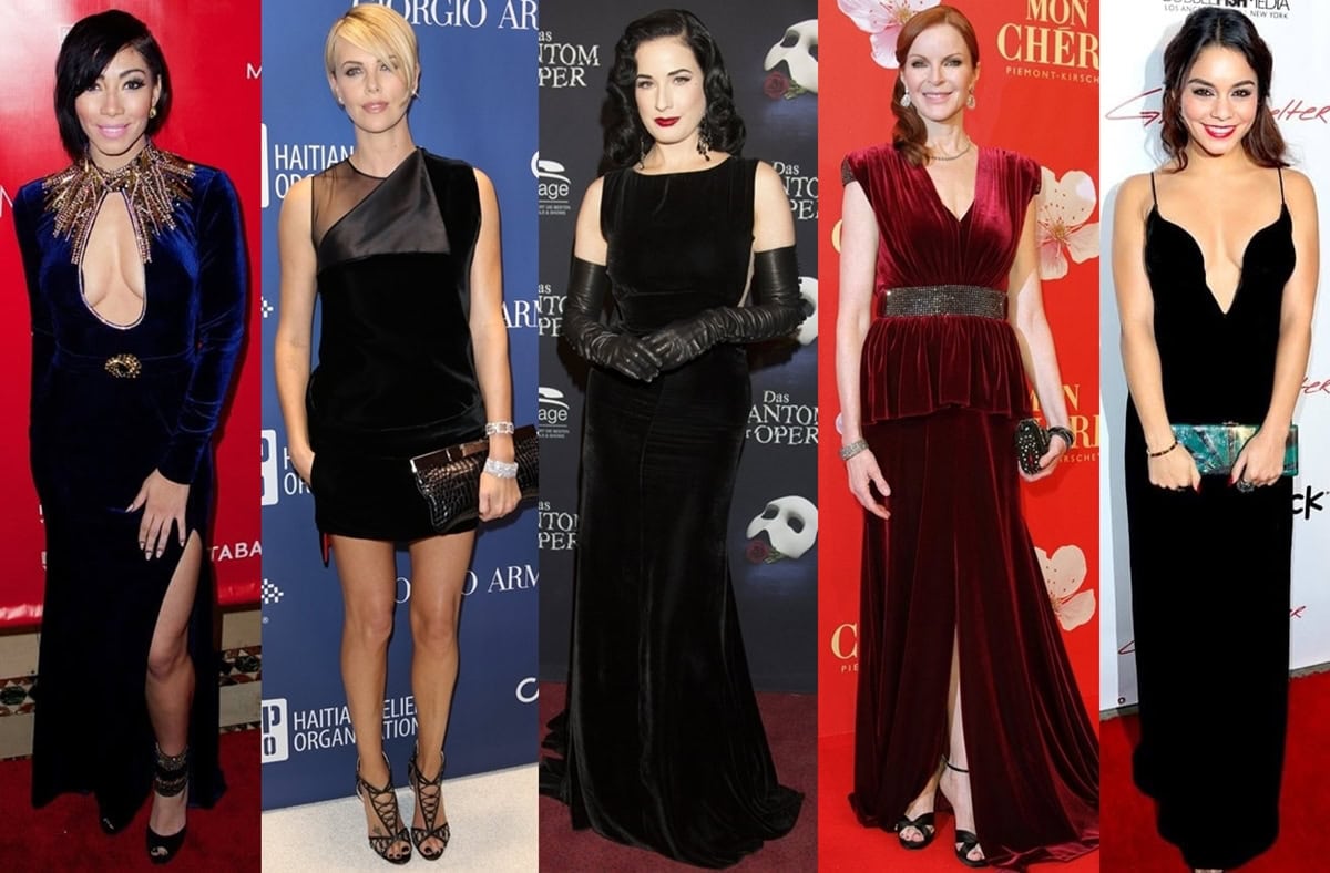 Celebrities Vanessa Hudgens, Charlize Theron, Dita Von Teese, Marcia Cross, and Bridget Kelly showcase the elegance and allure of velvet dresses on the red carpet