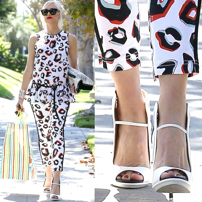 Gwen Stefani wearing white pumps leopard print outfit