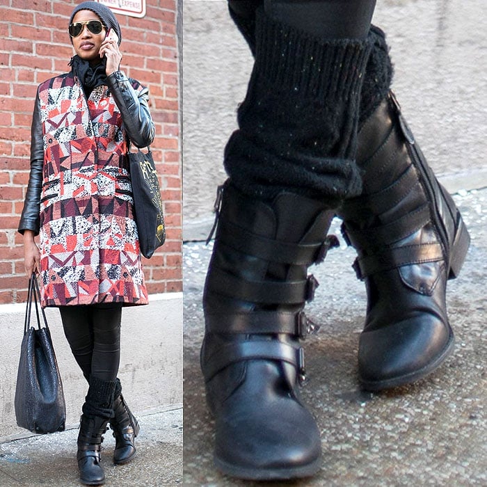 Model wears adjustable ankle-strap boots with socks