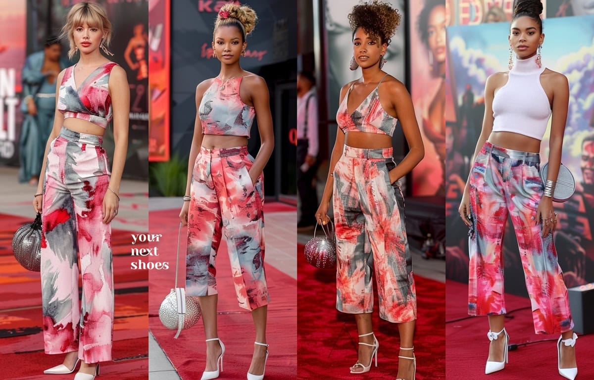 Models showcase chic and vibrant watercolor-printed outfits on the red carpet, each accessorized with stylish purses and elegant heels